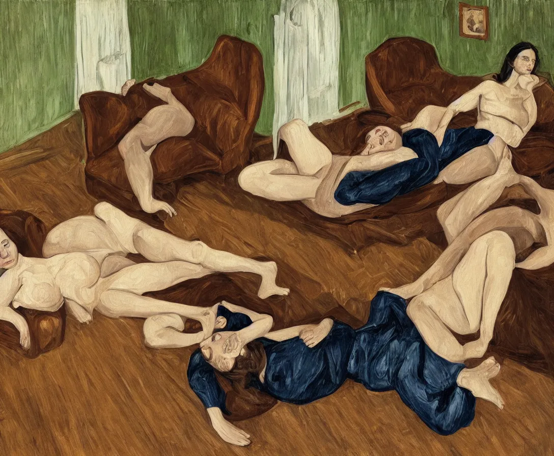 Prompt: portrait of two women lying horizontal, in an empty old english apartment with wooden floor on a brown leather sofa. one is wearing a dark blue sweather, the other a white shirt. brown hair, they are looking into the camera. wide shot. in the style of lucien freud. oil painting. green mood. isometric perspective