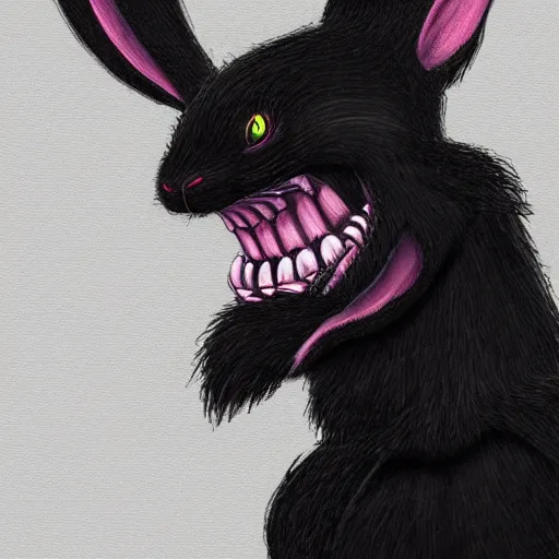 Image similar to A extremely highly detailed majestic hi-res beautiful, highly detailed head and shoulders portrait of a scary terrifying, horrifying, creepy black cartoon rabbit evil laughing standing up wearing pants and a shirt in the style of Walt Disney