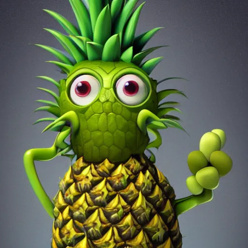 Prompt: cute anthropormorphic unusual alien pineapple creature with big eyes and leafy arms and legs character concept detailed painting 4 k