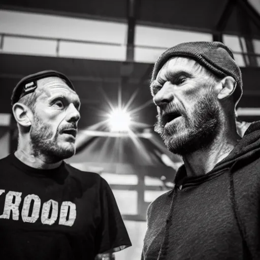 Prompt: sleaford mods shouting at their noisy neighbour, wide angle, gritty