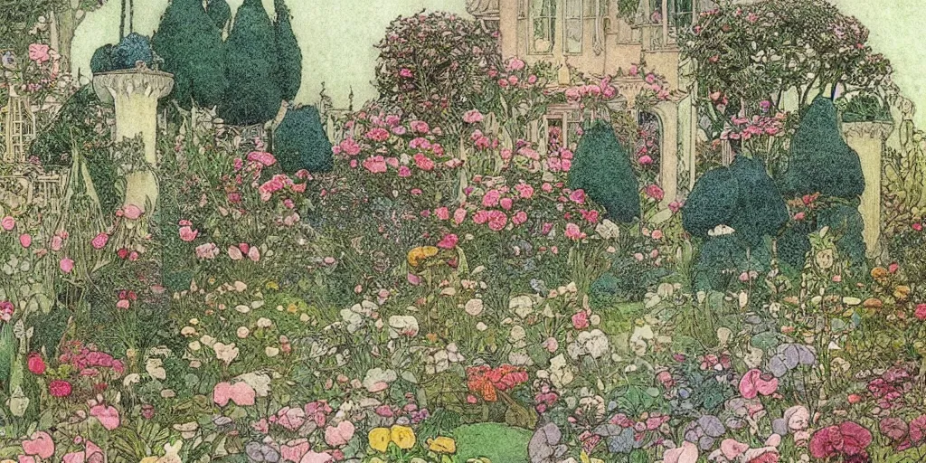 Prompt: a beatiful garden in an old victorian house, extremely detailed, sharp focus, wide view, smooth, digital illustration, colorfull by edmund dulac