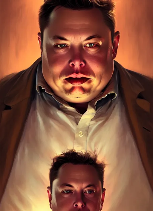 Image similar to obese elon musk, portrait, intricate, elegant, highly detailed, digital painting, artstation, concept art, wallpaper, smooth, sharp focus, illustration, art by artgerm and greg rutkowski and alphonse mucha