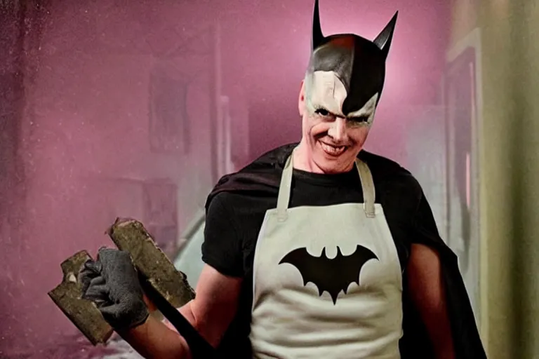 Prompt: michael keaton batman covered in beer wearing pink apron wielding an axe, chasing through old brown decrepit hallway, creepy smile, atmospheric eerie lighting, photorealistic face, dim lighting, bodycam footage, motion blur, photography