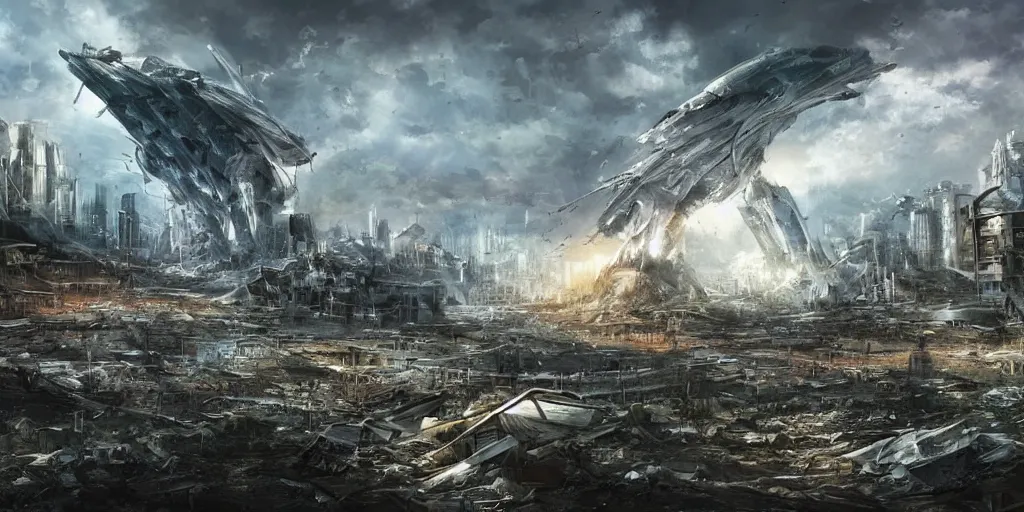 Prompt: damaged city, high - tech, concept art, forest, tornado, war, spaceship