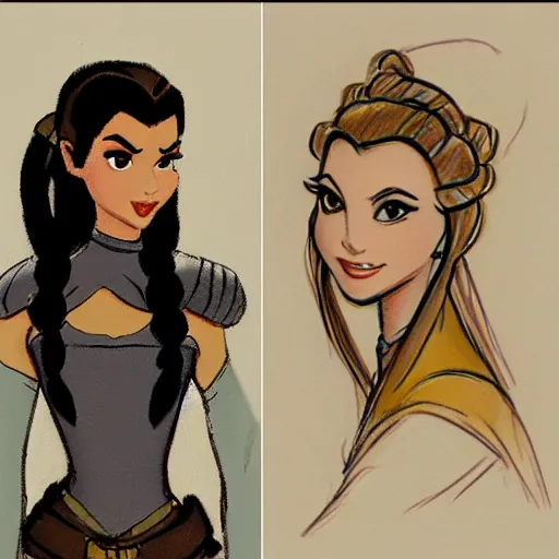 Image similar to milt kahl sketch of victoria justice with done up hair, tendrils and ponytail as princess padme from star wars episode 3