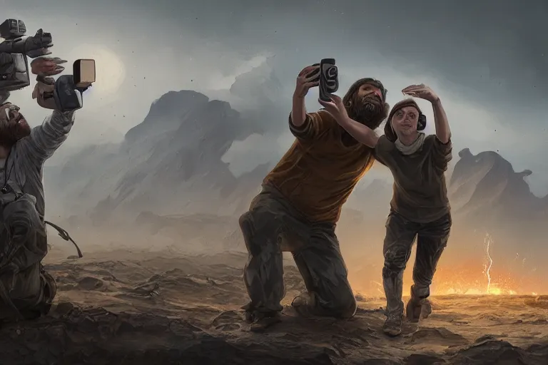 Prompt: the last two people left on earth take a selfie while the world explodes, highly detailed, digital painting, artstation, concept art, smooth, sharp focus, illustration, art by mike winklemann and craig mullens