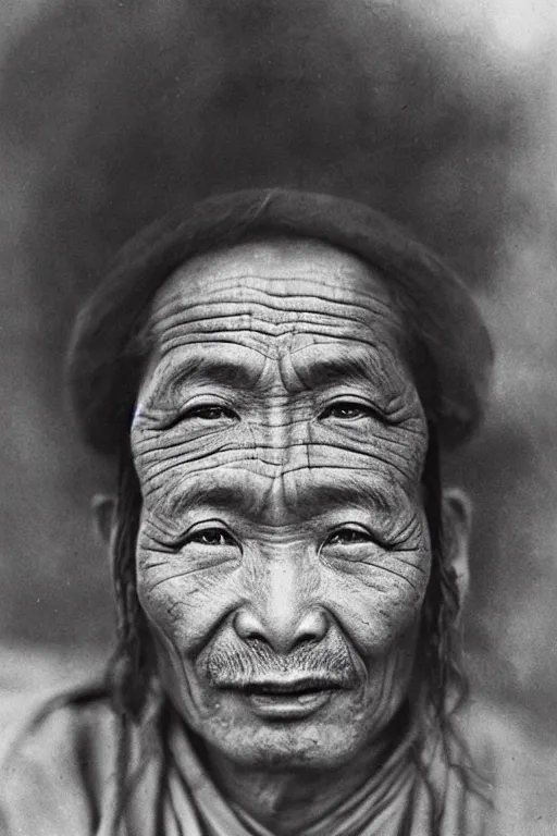 Prompt: ultra realistic vintage photo portrait of a tibetan man with a deep hole in forehead, by Annie Leibovitz,