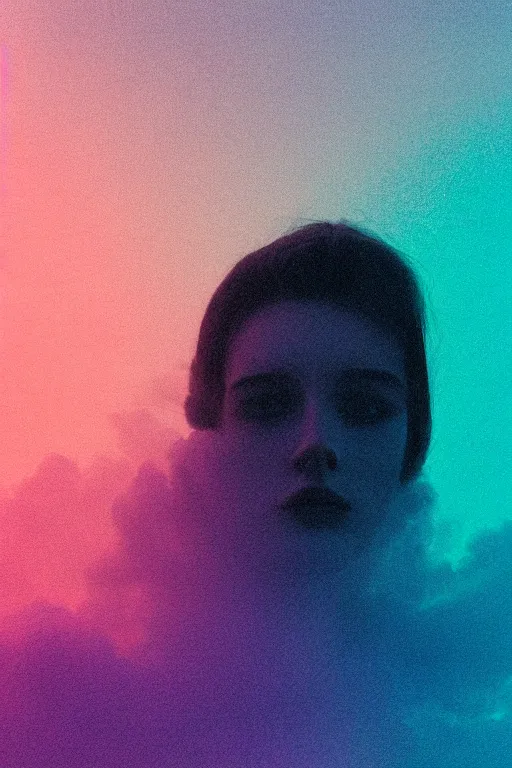 Image similar to high quality pastel coloured film close up wide angle photograph of a model wearing clothing resting on cloud furniture in a icelandic black rock environment in a partially haze filled dreamstate world. three point light, rainbow. photographic production. art directed. pastel colours. volumetric clouds. pastel gradient overlay. waves glitch artefacts. extreme facial clarity. 8 k. filmic.