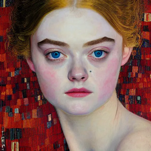 Image similar to a striking hyper real painting of Elle Fanning by Gustav Klimt