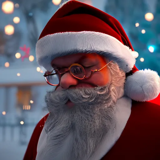 Image similar to photo of a gangster santa claus, movie still, cinematic, 8 k, unreal engine, 3 d render