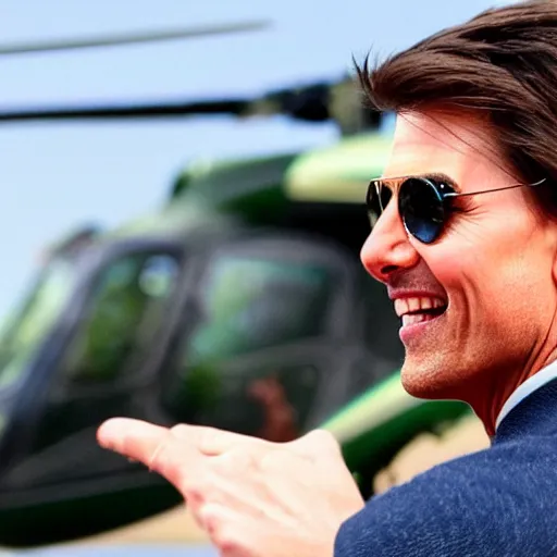 Prompt: Tom Cruise waving to fans. He's wearing blue jeans and a green jacket, Ralph Lauren. A helicopter is in the background. Shallow depth of field