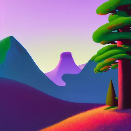 Image similar to pop - surrealist mountains painting, octane render, unreal engine, trees and pines everywhere, very nice pastel colors, lights and shadows, glowing hot sun, very coherent, houdini algorithmic generative art, painted by edward hopper, wayne barlowe, painted by james gilleard, airbrush, art by jamesjean