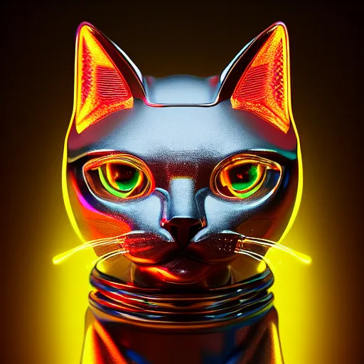 Image similar to chrome cat, glossy, metallic, neon, symmetrical, tribal patterns, realistic, unreal engine, octane, redshift, artstation, behance