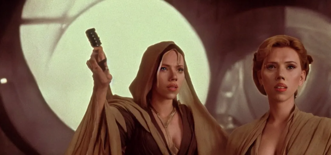 Prompt: a still of Scarlett Johansson as obiwan kenobi on tatooin in Star Wars (1977)