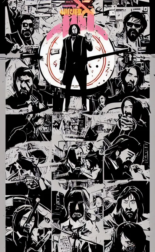 Prompt: nicolas cage as john wick, dramatic lighting, style of mcbess + Laurie Greasley + Satoshi Kon, symmetric lights and smoke, psychedelic effects, glowing particles, neon smoke