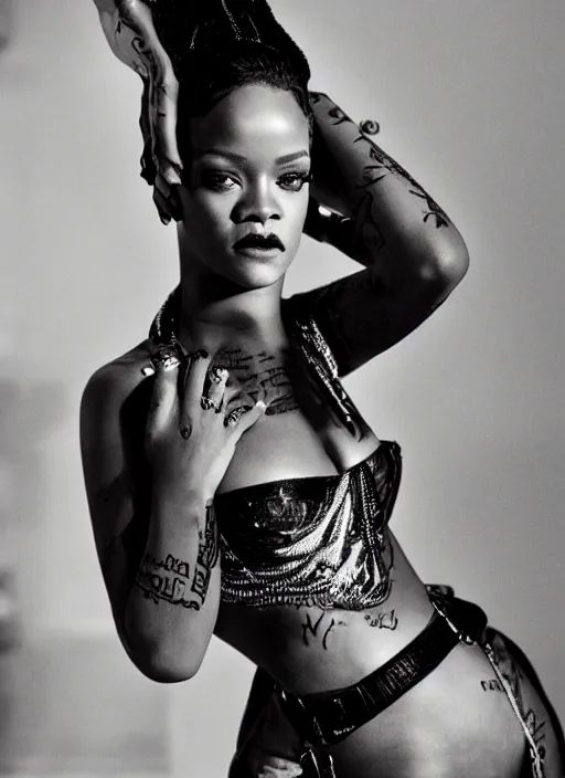 Image similar to rihanna styled by nick knight posing in an expensive mansion setting, vogue magazine, highly realistic. high resolution. highly detailed. dramatic. 8 k. 4 k.