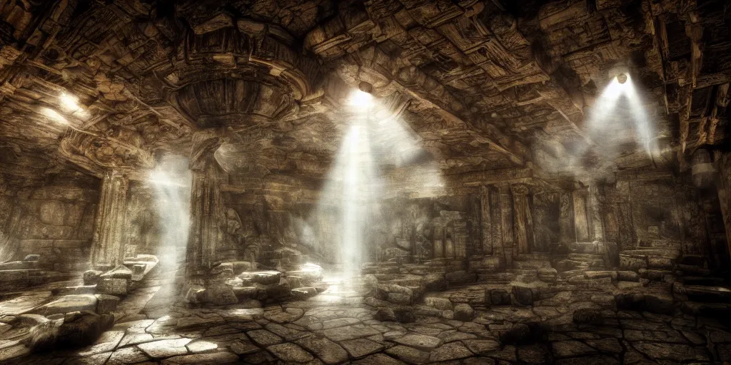 Prompt: a fantasy dwarven hall interior in the style of a waterfall cave, huge Greek columns, wet floors, high ceiling, dark moody lighting, foggy atmosphere, god rays, bright colors, photo by Denis Villeneuve, low angle view