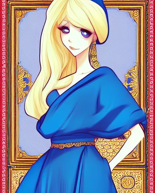 Prompt: a blonde woman wearing a blue veil and blue robes with ornate patterns, webcomic style | | very very manhwa!!!, fine - face, realistic shaded perfect face, fine details. manhwa. realistic shaded lighting poster