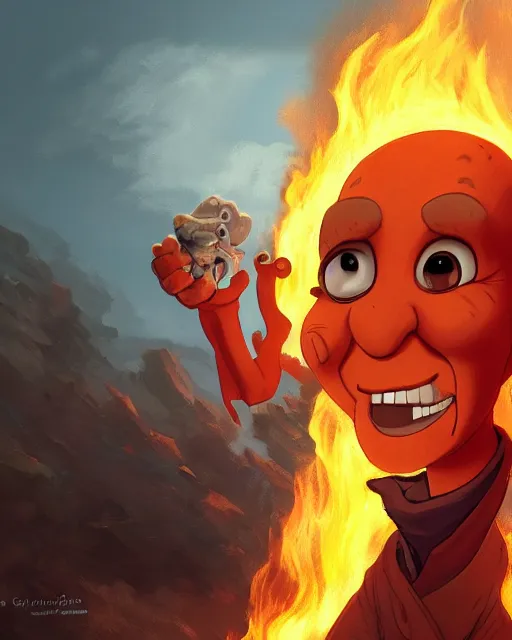 Image similar to wide shot, detailed photorealistic ( ( cartoony ) ) face, squidward, wearing fire nation clothing and practicing firebending outside at susnset, [ greg rutkowski ]