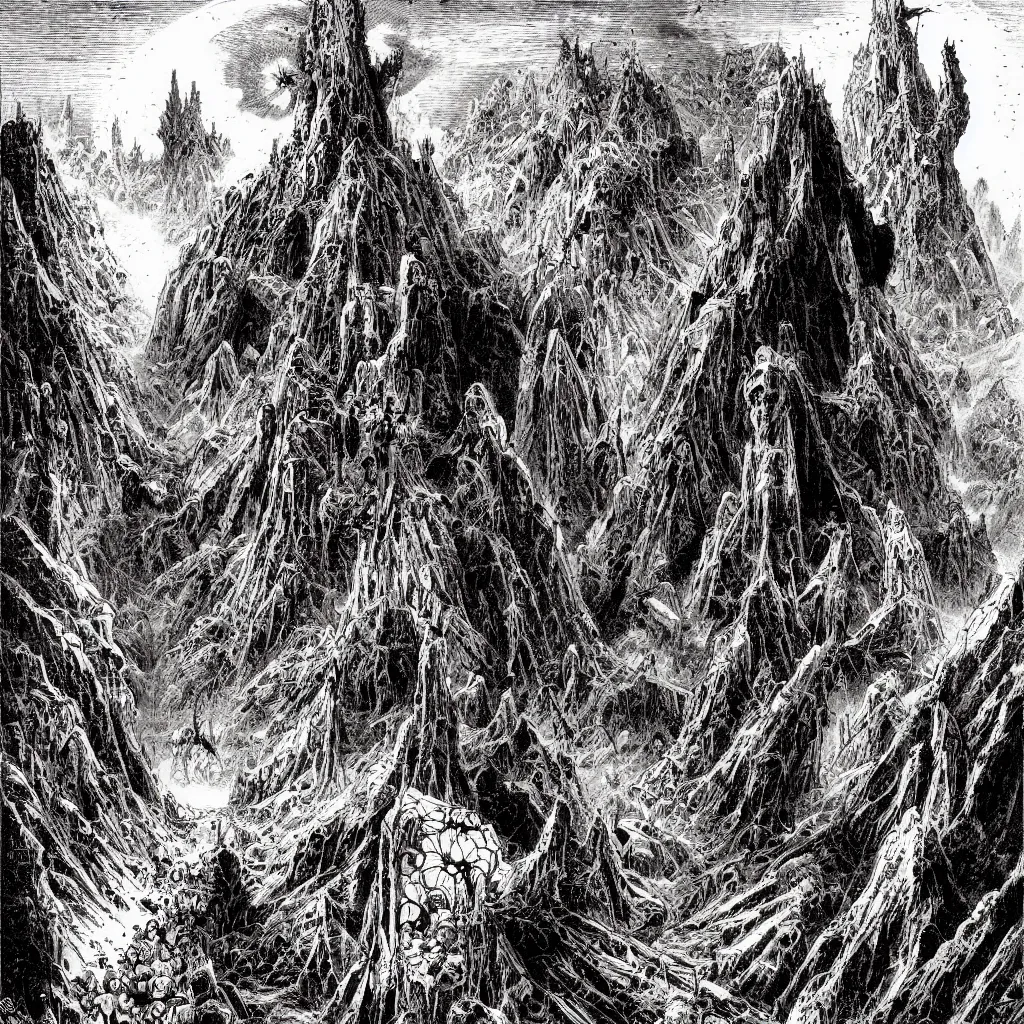 Image similar to hells gates by philippe druillet and gustave dore and much a and moebius and hieronymus bosch