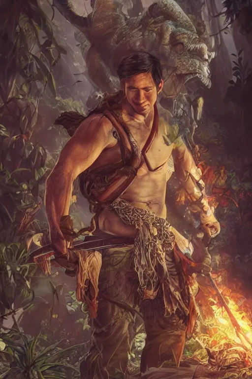 Image similar to full character concept art, doug marcaida holding a kampilan, dense jungle, forge, fire and sparks, it wil keel!!, detailed, high quality, dynamic lighting, dark fantasy. artwork by artgerm, wlop, alex ross, greg rutknowski, alphonse mucha