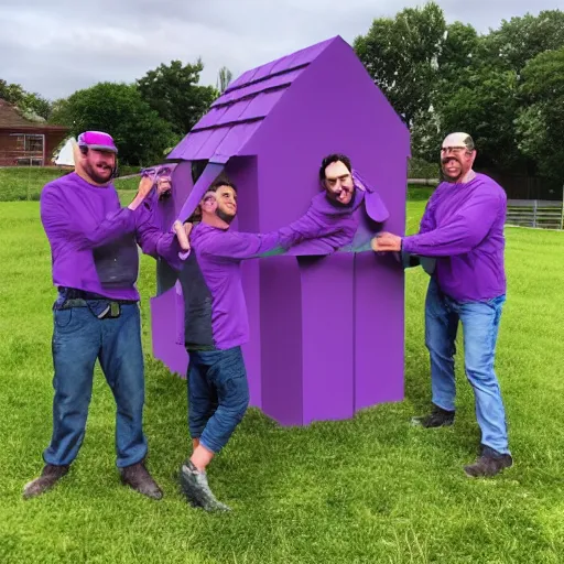 Prompt: five happy purple men building a house