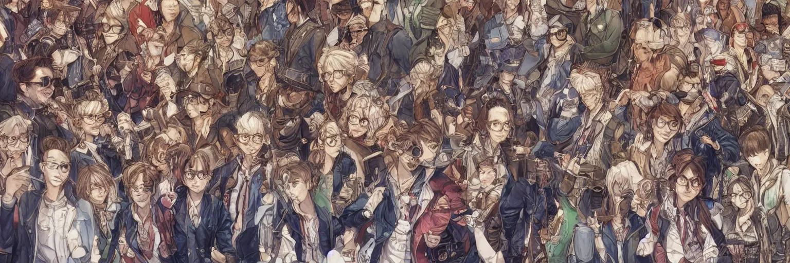 Prompt: the portrait of a group of university students ， glasses ， illustration by kim jung gi, intricate linework, super detailed faces, super sharp focus, bright colors, octopath traveler, final fantasy, unreal engine 5 highly rendered, global illumination, radiant light