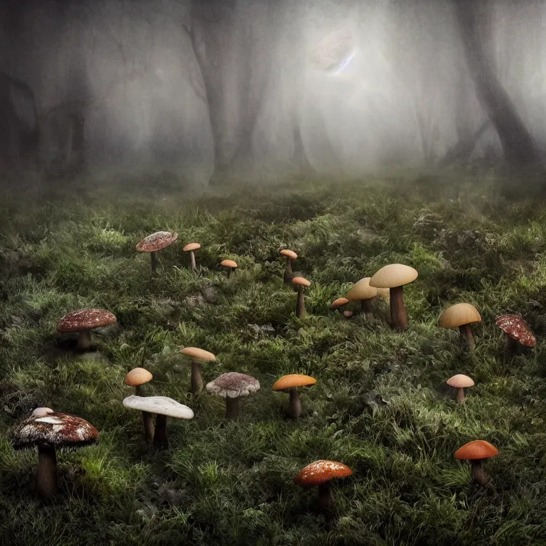 Image similar to a planet of various fungus, mushrooms and plants, inside the picture is infinity, Atmospheric phenomenon, artistic photography, muted colors, conceptual, long exposure outside the city, volumetric light