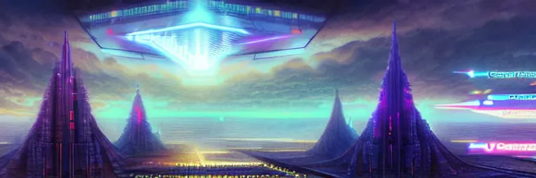 Image similar to a sprawling cybernetic temple, a large hi - tech city, and a river surrounded by fractal mountains, volumetric clouds, cybernetic faces, vaporwave aesthetic, colorful, psychedelic, digital painting, artstation, concept art, smooth, sharp focus, illustration, art by artgerm and greg rutkowski and alphonse mucha