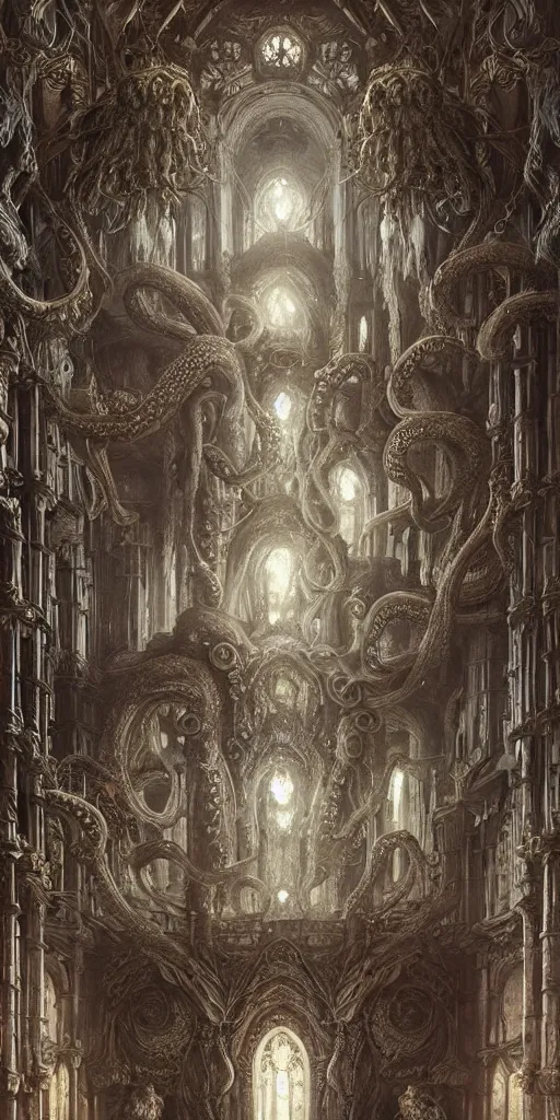 Image similar to group of mankind species mages with enormous octopus heads and jellyfish floating around inside an ancient mage castle hall colossal scale, gothic and baroque, brutalist architecture, ultradetailed, intricate details by Ellen Jewett and Ayami Kojima