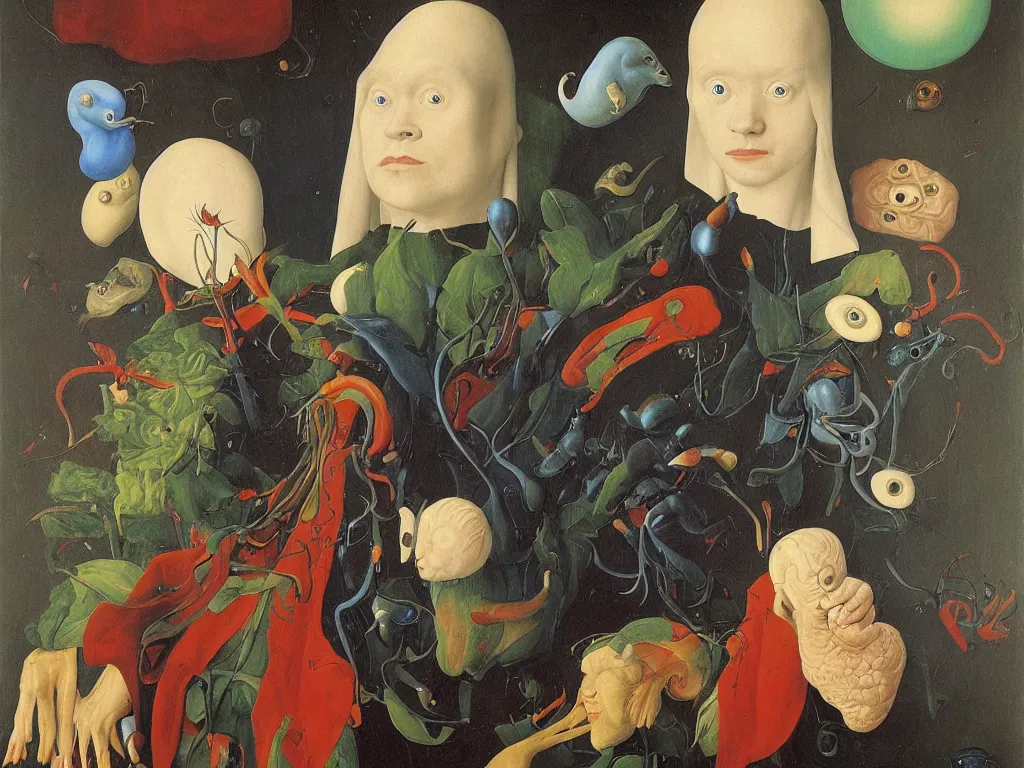 Prompt: Portrait of albino mystic with blue eyes, with exotic beautiful giant leeches. Painting by Jan van Eyck, Audubon, Rene Magritte, Agnes Pelton, Max Ernst, Walton Ford