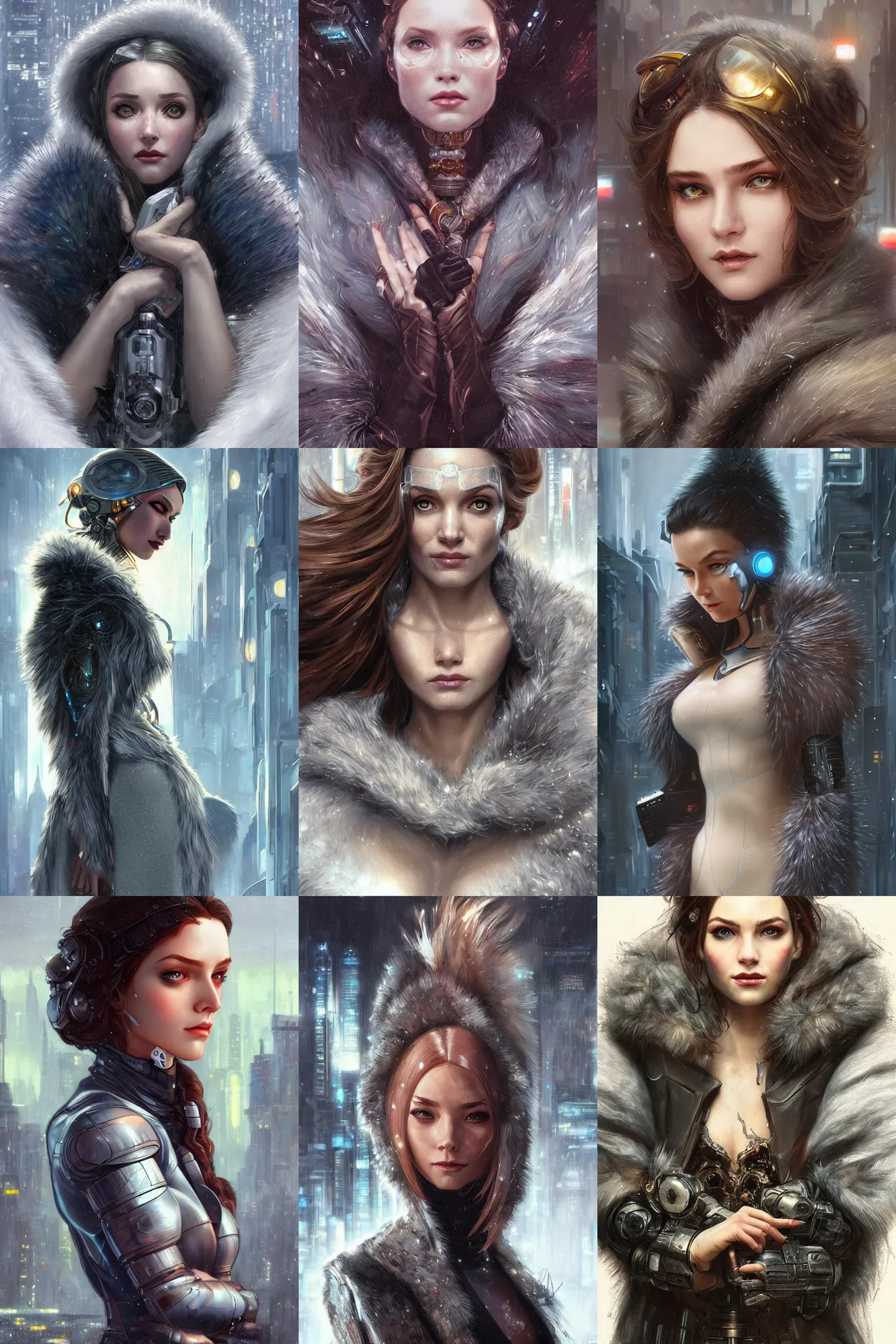 Prompt: Ultra realistic, cyborg woman with a fur coat in a frozen city, cyberpunk, sci-fi, fantasy, intricate, elegant, highly detailed, digital painting, artstation, concept art, smooth, sharp focus, illustration, art by artgerm and greg rutkowski and alphonse mucha