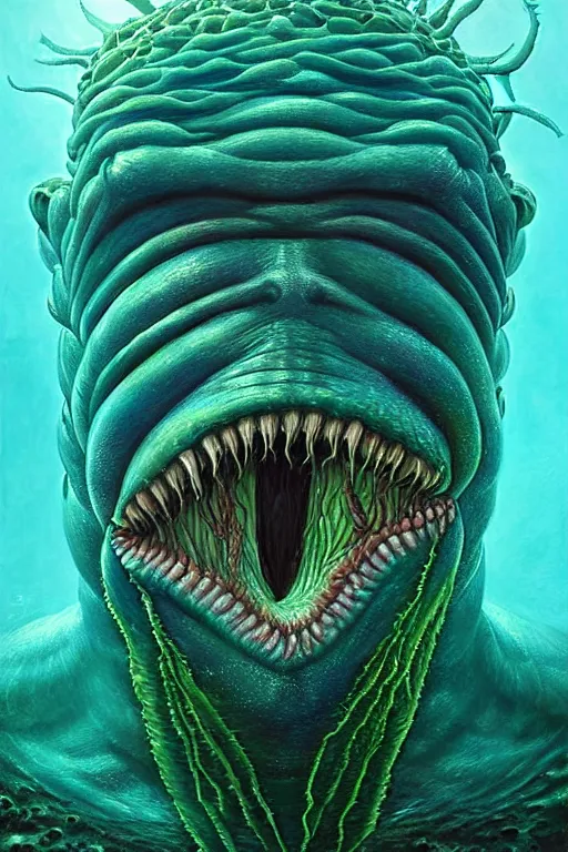 Image similar to hyperrealistic close-up surrealism underwater creature monster!! highly detailed concept art eric zener elson peter cinematic hard green lighting high angle hd 8k sharp shallow depth of field, inspired by David Paul Cronenberg and Zdzisław Beksiński