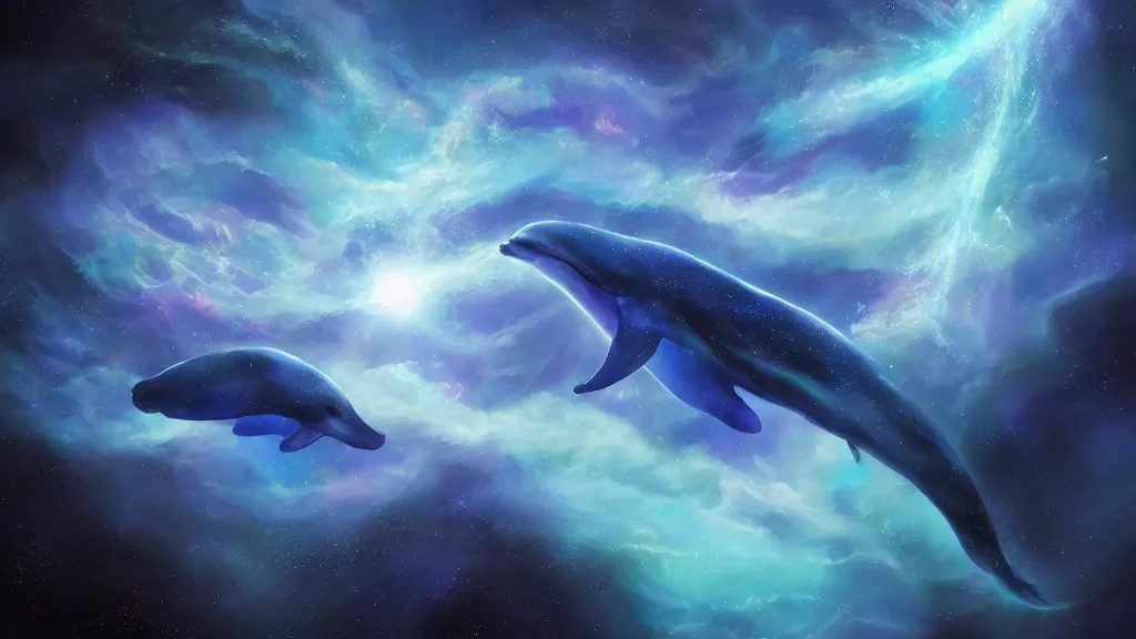 Image similar to Ethereal blue fire whale and dolphins flying through a nebula, star dust, cosmic, magical, shiny, glow,cosmos, galaxies, stars, outer space, stunning, by andreas rocha and john howe, and Martin Johnson Heade, featured on artstation, featured on behance, golden ratio, ultrawide angle, hyper detailed, photorealistic, epic composition, wide angle, f32, well composed, UE5, 8k