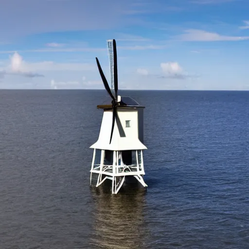 Prompt: an offshore windmill that is also a habitat for people to live on the branch of the windmill. There is also a house boat at the water that connects to the windmill