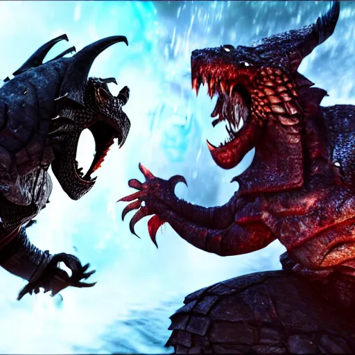 Image similar to dragonborn vs ultimate evil epic fight dramatic lighting extreme details