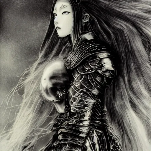 Image similar to Yoshitaka Amano realistic illustration of an anime girl with wavy white hair and cracks on her face wearing Elden ring armour with the cape fluttering in the wind, abstract black and white patterns on the background, noisy film grain effect, highly detailed, Renaissance oil painting, weird portrait angle