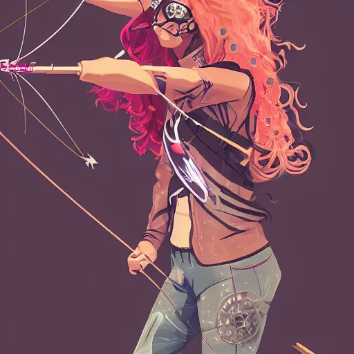 Prompt: close up, attractive sports woman in archery, arrows and bow in action, a grungy cyberpunk anime, very cute, by super ss, curly pink hair, night sky by wlop, james jean, victo ngai, highly detailed