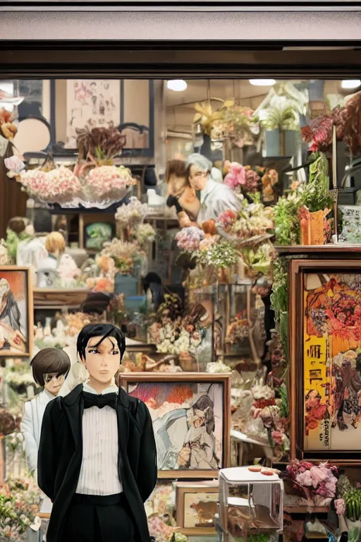 Prompt: Kodak portra 160, 8K, highly detailed, seinen manga 3/4 portrait, eye contact, focus on art nouveau suit, tilt shift background: famous artist in syd mead anime remake, flower shop scene