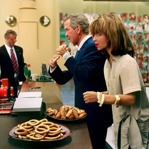 Image similar to George W. Bush sorrowfully beholds a single pretzel. CineStill.