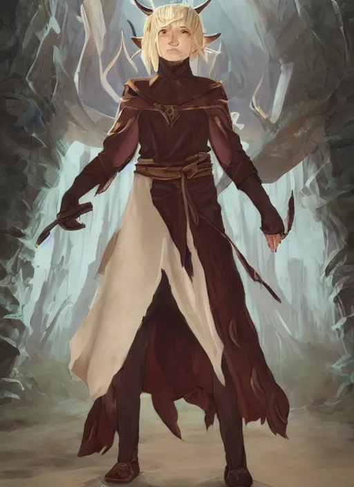 Image similar to concept art painting of a fully clothed person with brown skin and short white hair, demon horns, deer ears, blue tunic and robes, detailed, d & d style, cel shaded, in the style of ruan jia and artgerm and makoto shinkai and james gurney