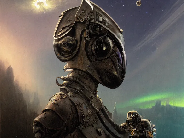 Image similar to a detailed profile painting of a bounty hunter in armour and visor, cinematic sci-fi poster. Spaceship high in the background. Flight suit, anatomy portrait symmetrical and science fiction theme with lightning, aurora lighting clouds and stars. Clean and minimal design by beksinski carl spitzweg giger and tuomas korpi. baroque elements. baroque element. intricate artwork by caravaggio. Oil painting. Trending on artstation. 8k