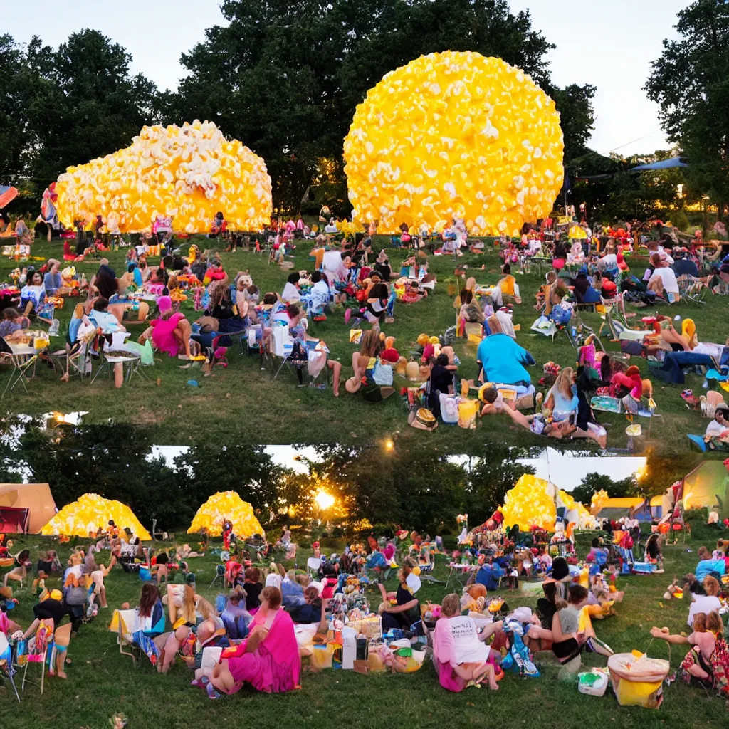 Image similar to festival theme camp called the poppin'kernels, with giant popcorn and movie projector outdoors at dusk