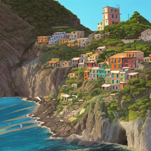 Image similar to pixar render, french bande dessinée, mediterranean landscape, quaint village, cinq terre, highly detailed, luminous, style by moebius, by studio ghibli, concept art, unreal engine