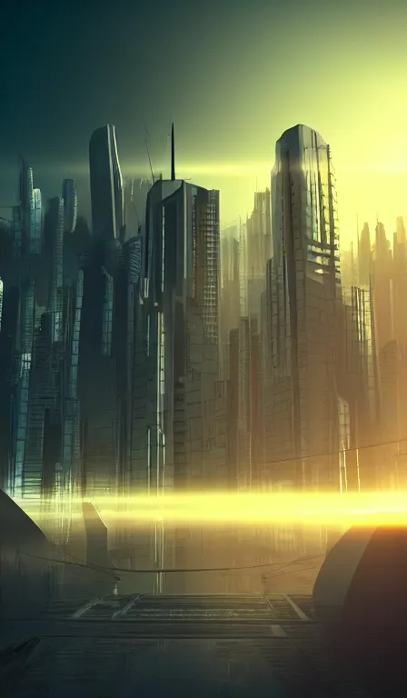 Image similar to futuristic urban island city at dusk. the imposing silhouette of a shadowy space cop. cgartist. leading lines. volumetric lighting. god rays.