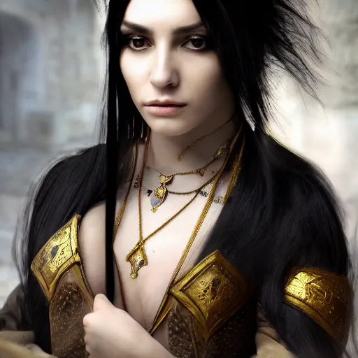 Image similar to beautiful female cleric with long black hair and a golden eye, focus on face, jewellery, piercings, fantasy, medieval, still, photograph, highly detailed, cinematic, romani descent, dramatic, dynamic lighting, award winning, masterpiece, trending on artstation