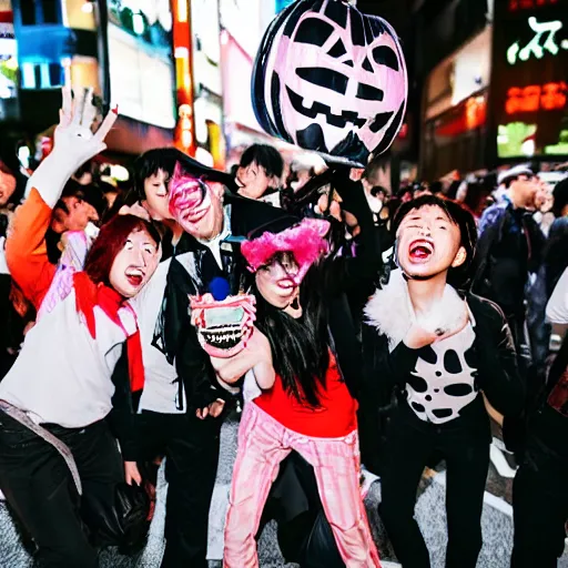 Prompt: group of people having fun on Halloween in Shibuya, amateur film photographer