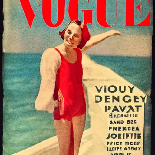 Image similar to a 1 9 2 8 colorful cover of vogue. happy, healthy, beautiful, smiling, sporty, glowing greta garbo in decent swim wear.