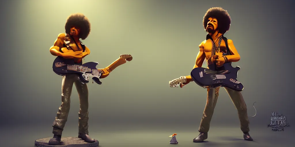 Image similar to funko of jimi hendrix, max resolution, high contrast, cinematic, light cinematic, volumetric, realistic, cinematic lighting, octane render, hyper realistic