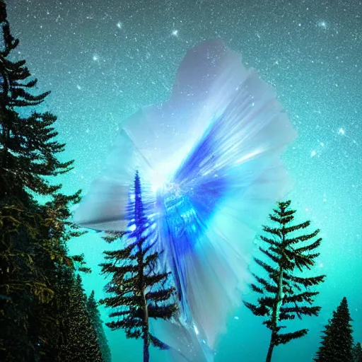 Image similar to abstract crystal sculpture of a nebula hovering above a clear blue lake in a clearing in the middle of an evergreen forest at dawn